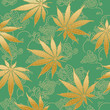 Cannabis or Marijuana leaves in green and gold. Hand drawn seamless pattern in vector format.
