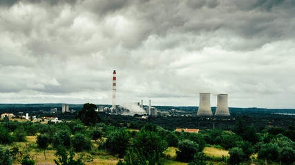 Panorama of cooling towers of nuclear power plants in Portugal - power generation concept