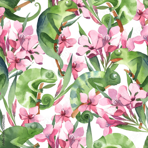 Fototapeta na wymiar Seamless pattern of simple green chameleons sitting on the branch and pink tropic flowers on white background