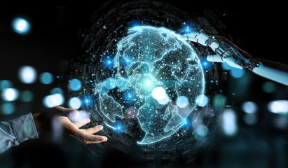Wall Mural - White robot hand using globe network hologram with America Usa map 3D rendering