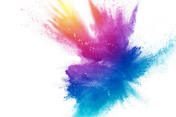 Wall Mural - Abstract multi color powder explosion on white background.  Freeze motion of  dust  particles splashing. Painted Holi in festival