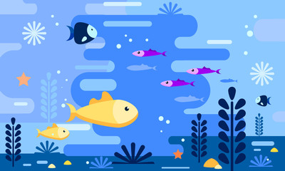 sea life in flat style. underwater world background. gold fish with deferent fishes. vector illustra