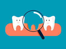 Fun Concept About Missing Tooth. Looking For A Tooth With A Magnifying Glass . Cartoon Style. Vector Illustration Design.