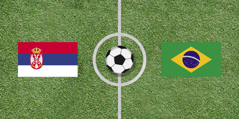 Serbia vs Brazil international soccer match flags on football field