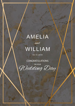 Wedding Invitation Cards With Blackout Marble Texture With Gold Geometric Lines. Vector Illustration Design.