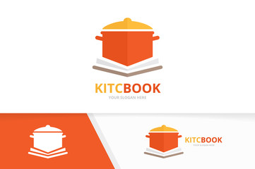 Sticker - Vector pot and open book logo combination. Kitchen and bookstore symbol or icon. Unique pan and library logotype design template.