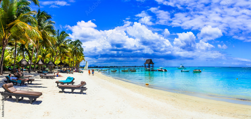 Holidays in tropical paradise - beautiful beaches of Mauritius island - obrazy, fototapety, plakaty 