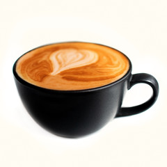 Poster - Cappuccino in a black coffee cup isolated on white background, close up. Hot coffee with milk foam with heart shape.