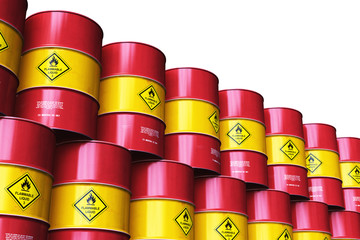 Wall Mural - Group of red stacked oil drums isolated on white background