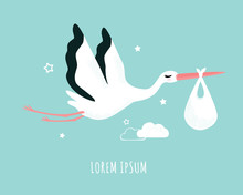 Vector Illustration Of A Stork Carrying A Baby In A Bag