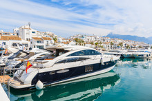 Luxury Boats Anchoring In Puerto Banus Marina In Marbella, Andalusia, Spain