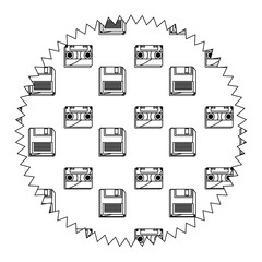 Wall Mural - seal stamp with Casette and diskette pattern over white background, vector illustration