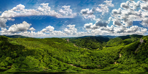 360-degree panoramic aerial view from drone to Vosges mountains and ruins of medieval castle Spesbourg, Andlau, Alsace.