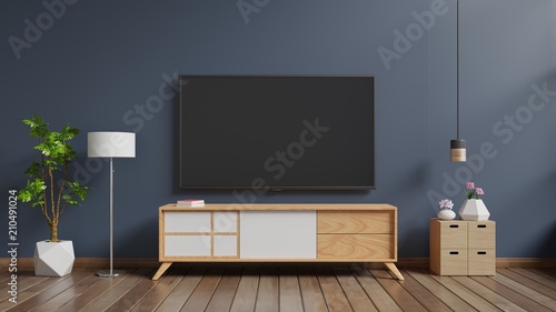 Tv On Cabinet In Modern Living Room With Lamp Table Flower And Plant On Dark Wall Background 3d Rendering Buy This Stock Illustration And Explore Similar Illustrations At Adobe Stock Adobe Stock