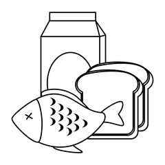 Poster - delicious fish meat with bread and milk vector illustration design