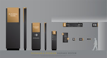Exterior And Interior Signage. Directional, Pole, And Traffic Signage System Design Template Set. Empty Space For Logo, Text Gold And Black Corporate Identity