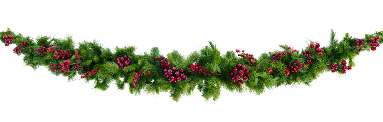 christmas garland with red berries isolated on white