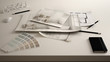 Architect designer concept, table close up with interior renovation draft, bathroom interior design blueprint drawings, sample color palette, white creative desk background