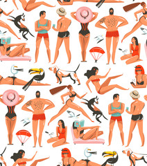 Hand drawn vector abstract cartoon summer time graphic illustrations artistic seamless pattern with relaxing people,beach birds,dogs and beauty running girl on beach isolated on white background