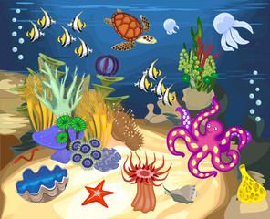 Wall Mural - Ecosystem of coral reef with different marine inhabitants