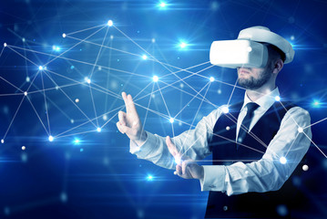 businessman in virtual reality goggles investigate global network connectivity concept