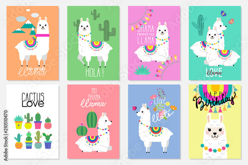 Fotomural Cute llamas, alpacas and cactus illustrations for nursery design, poster, greeti