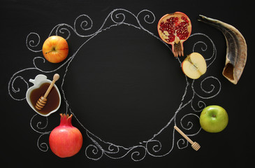 Rosh hashanah (jewish New Year holiday) concept. Traditional symbols.