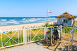 SELLIN, RUEGEN ISLAND - MAY 29, 2018: Bicycle parked terrace overlooking beach in Sellin town on Baltic Sea coast, Germany. Ruegen is popular tourist destination because of its long sandy beaches.