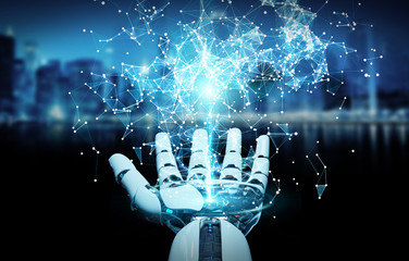 Wall Mural - white humanoid hand using digital globe hud interface 3d rendering