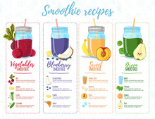 Template Design Banner, Brochure,  Flyer With Smoothie Recipes. Menu With Recipes And Ingredients For A Organic, Detox Juice. Detox Cocktails Made From Fruits, Vegetables And Herbs. Vector