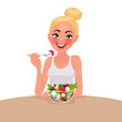 Happy woman is eating a salad. Vegetarian. The concept of proper nutrition and healthy lifestyle. Vector illustration