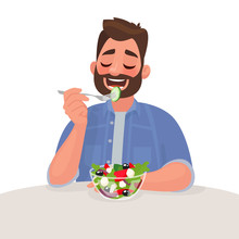 Man Is Eating A Salad. Vegetarian. The Concept Of Proper Nutrition And Healthy Lifestyle. Vector Illustration