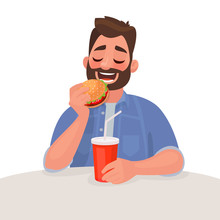 Man Is Eating Fast Food. The Concept Of Unhealthy Diet And Wrong Lifestyle. Vector Illustration