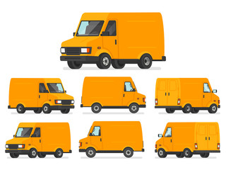 Wall Mural - Yellow van set. Truck for transportation of goods. Vehicle for delivery, shown from different sides. Vector illustration