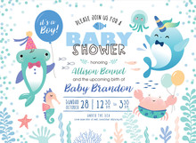 Baby Shower Under The Sea Theme Invitation Card With Cute Marine Life Cartoon Character