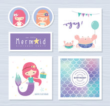 Set Of Mermaid And Marine Life Greeting Cards/ Stickers Design 