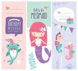 Wall Mural - Set of greeting card/ gift tag design with cute little mermaid and marine life cartoon character