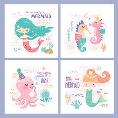 Wall Mural - Set of mermaid and marine life greeting cards design 