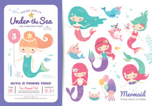 Birthday Party Invitation Card Template With Cute Little Mermaid, Marine Life Cartoon Character And Birthday Anniversary Numbers