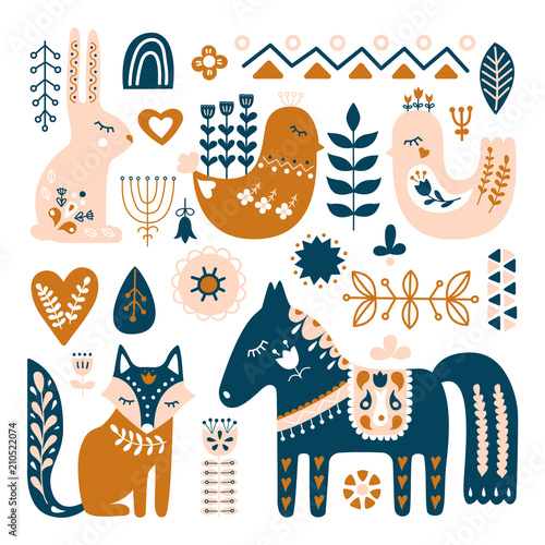 Fotomural Composition with Folk art animals and decorative elements