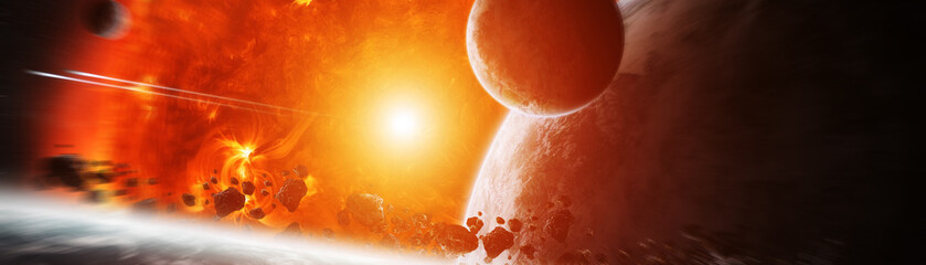 Wall Mural - exploding sun in space close to planet 3d rendering elements of this image furnished by nasa