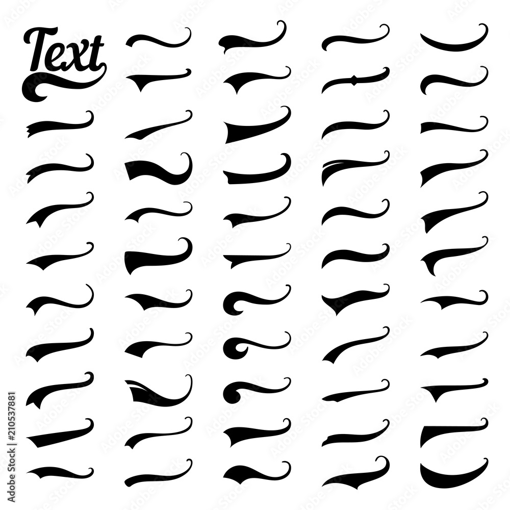 Sporty swirling tail football and baseball typography swashes. Swirled plume curly tails for retro style text vector set - obrazy, fototapety, plakaty 