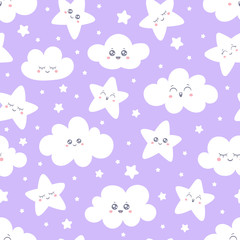 Wall Mural - seamless purple smiling stars and clouds pattern for baby pajamas fabric. happy sleeping smile star 