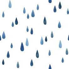 Watercolor Messy Blue Raindrops. Seamless Pattern On White Background.