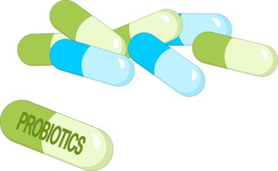 Wall Mural - Capsules with green probiotics bacteria. Concept of healthy nutrition ingredient for therapeutic purposes.