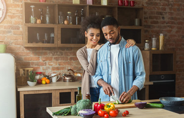 Loving african-american couple cooking in loft kitchen