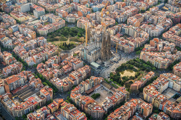 Wall Mural - Barcelona aerial view, Eixample residential district and Sagrada Familia Basilica, Spain
