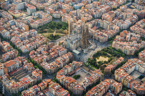 Barcelona aerial view, Eixample residencial district and Sagrada Familia Basilic Wallpaper Mural