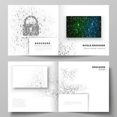 The vector layout of two covers templates for square design bifold brochure, magazine, flyer, booklet. Binary code background. AI, big data, coding or hacker concept, digital technology background.