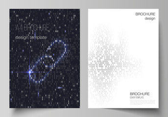 Vector layout of A4 format cover mockups design templates for brochure, magazine, flyer, booklet, report. Binary code background. AI, big data, coding or hacker concept, digital technology background